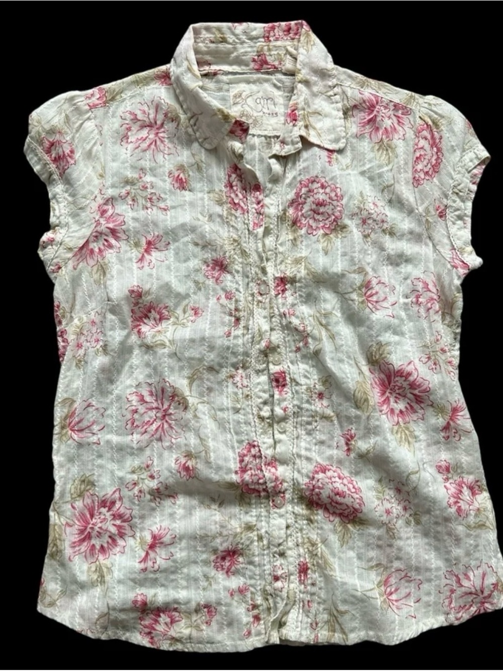 Vintage Y2K Girl Crazy Floral Button Up Blouse Pink White Dainty Cap Sleeve M
